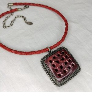 Ali-Khan New York Necklace Red Square Perforated Pendant Leather Braided Cord